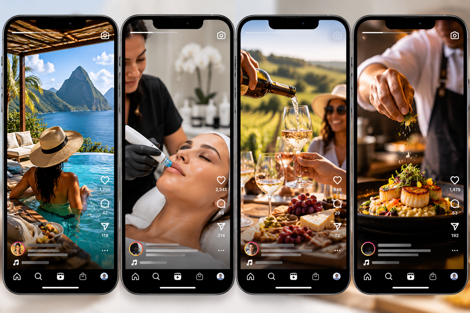 Four lifestyle content examples featuring a resort pool, skincare treatment, vineyard wine tasting, and a chef plating food