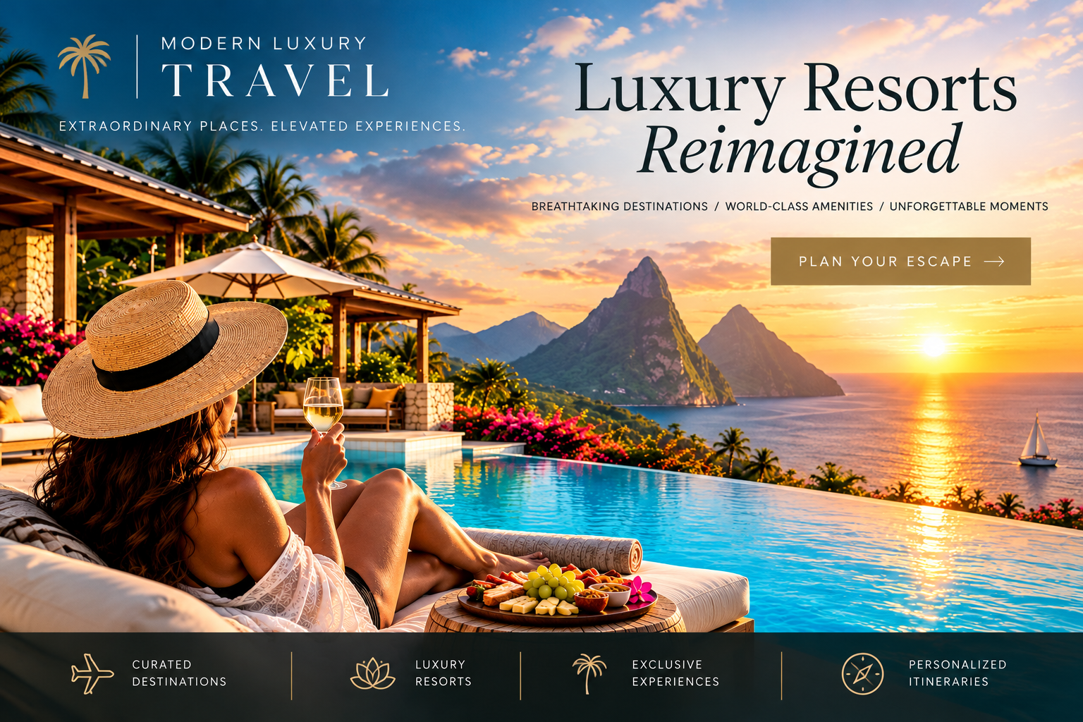Modern Luxury Travel website banner featuring a sunset resort pool and Luxury Resorts Reimagined campaign messaging