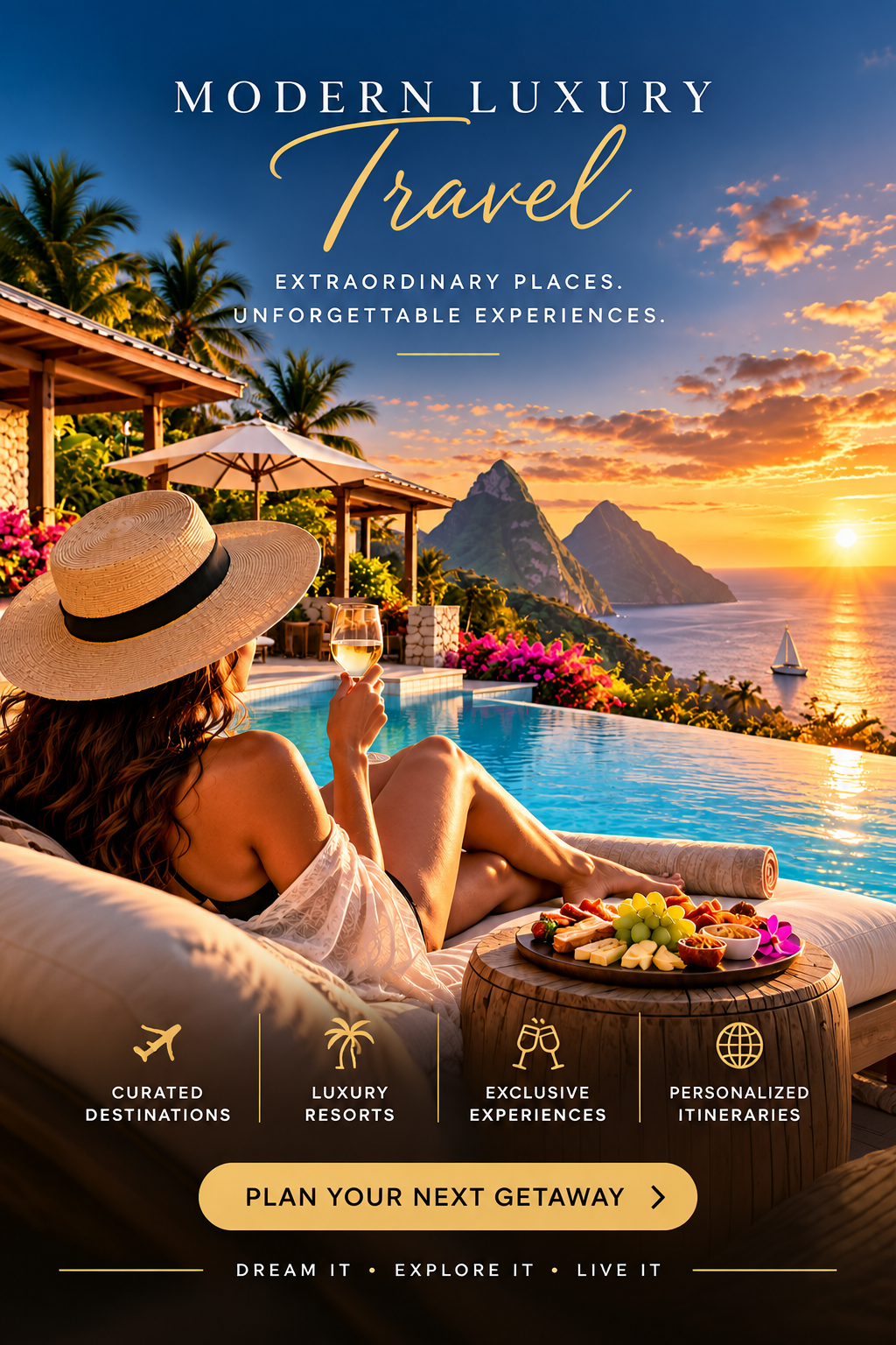 Modern Luxury Travel digital advertisement with a sunset resort scene and Plan Your Next Getaway call to action