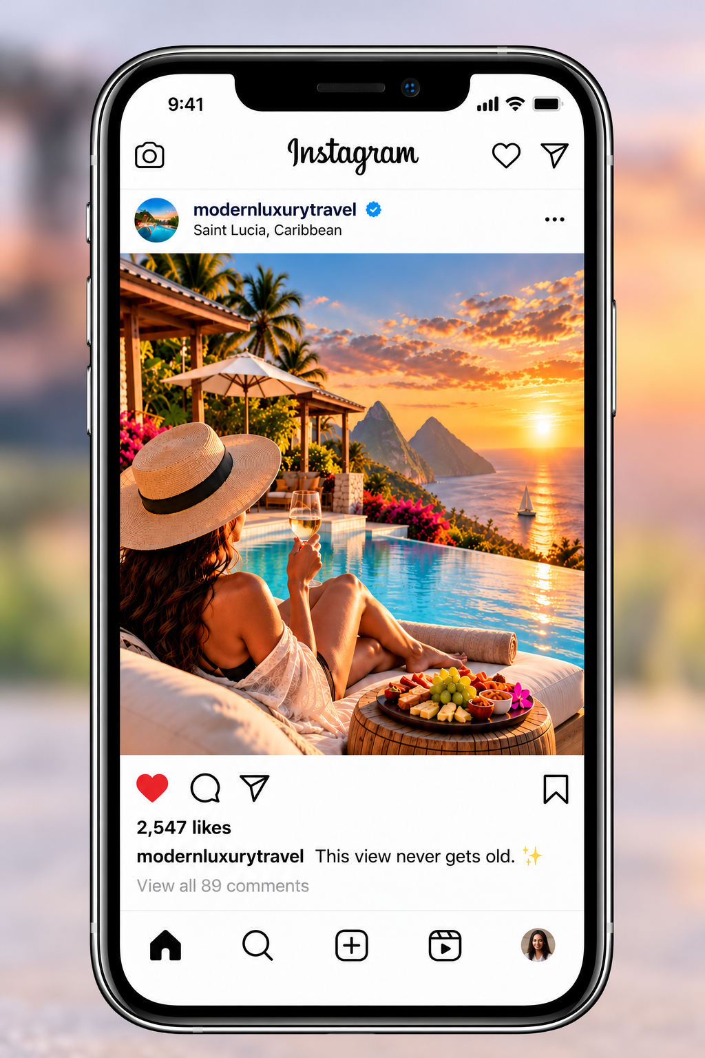 Modern Luxury Travel Instagram post showing a guest relaxing beside a resort infinity pool at sunset in Saint Lucia